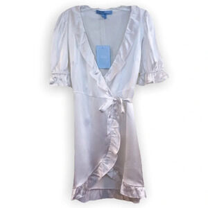 Hill House 100% Silk Nima Satin White Ruffled Sheer V Neck Wrap Mini Dress S NWT